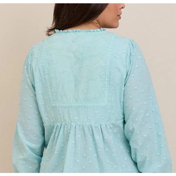 Torrid Plus Clip‎ Dot Mixed Eyelet Yoke Peasant Top Blue Size 1X - Picture 2 of 11